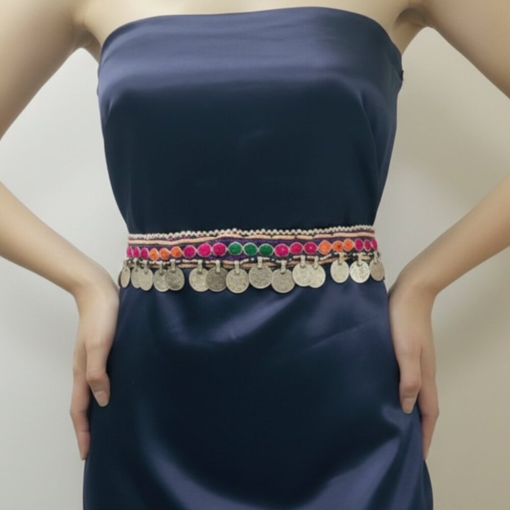 Vintage Afghan Belly Dance Belt: Embroidered Tribal Coin Belt